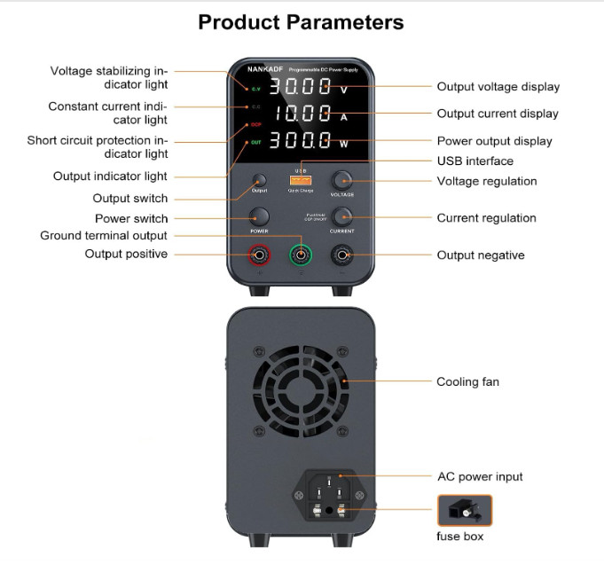 30V 10A Variable DC Bench Power Supply w/ Encoder Knob USB QC