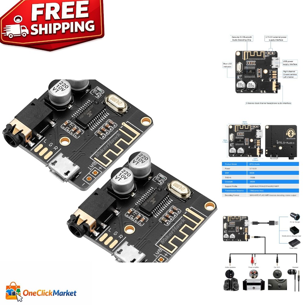 2pcs Lightweight Bluetooth Audio Receiver - USB & Battery Powered Amplifier