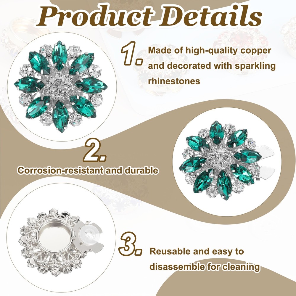 6 Pcs Rhinestone Button Covers, Marquise Buttons, Green/Silver