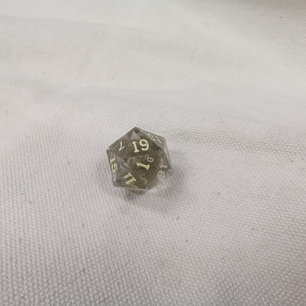 Gamescience dice, d20, light smoke, inked in crayon