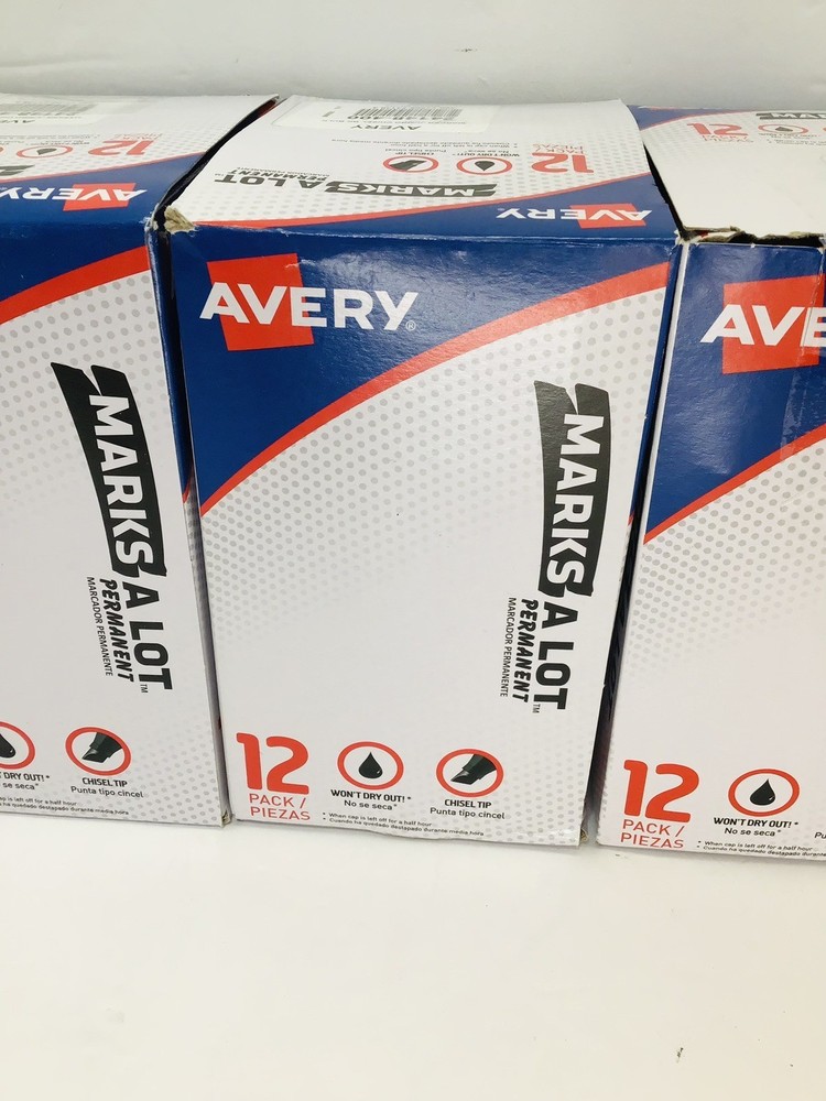 Avery Large Permanent Marker Marks A Lot Three boxes 36 Total Chisel Tip Black