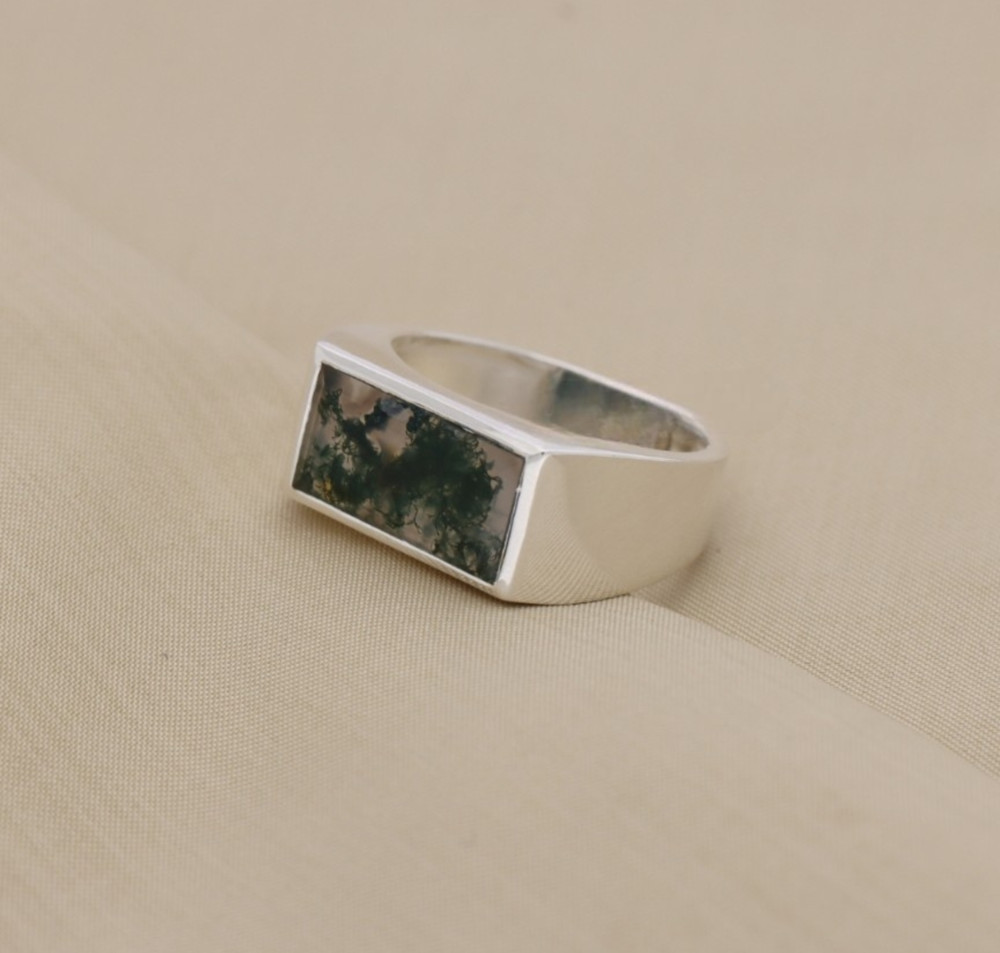 Sterling Silver Moss Agate Rectangular Signet Ring – Unique Natural Gemstone Des