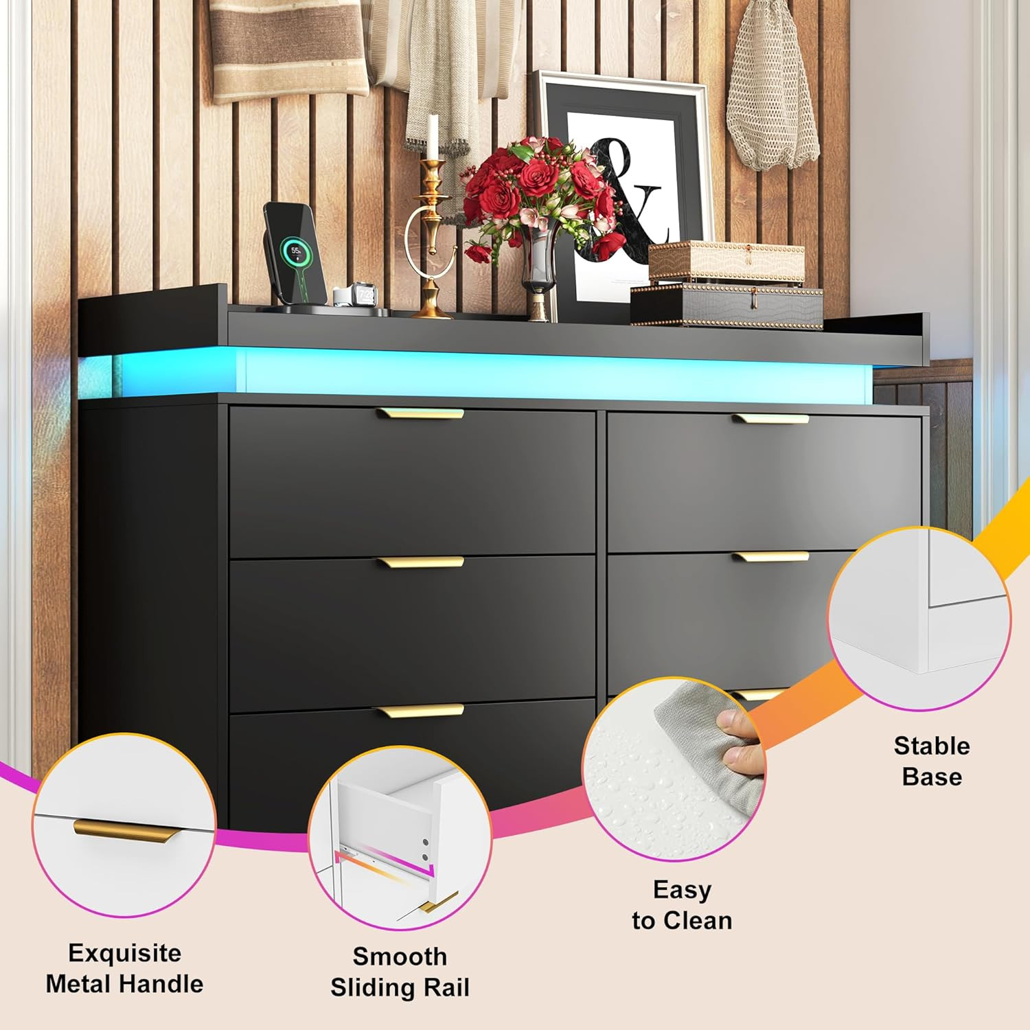 6 Drawer Dresser for Bedroom, Black Dresser with LED Lights and Power Outlet, Mo