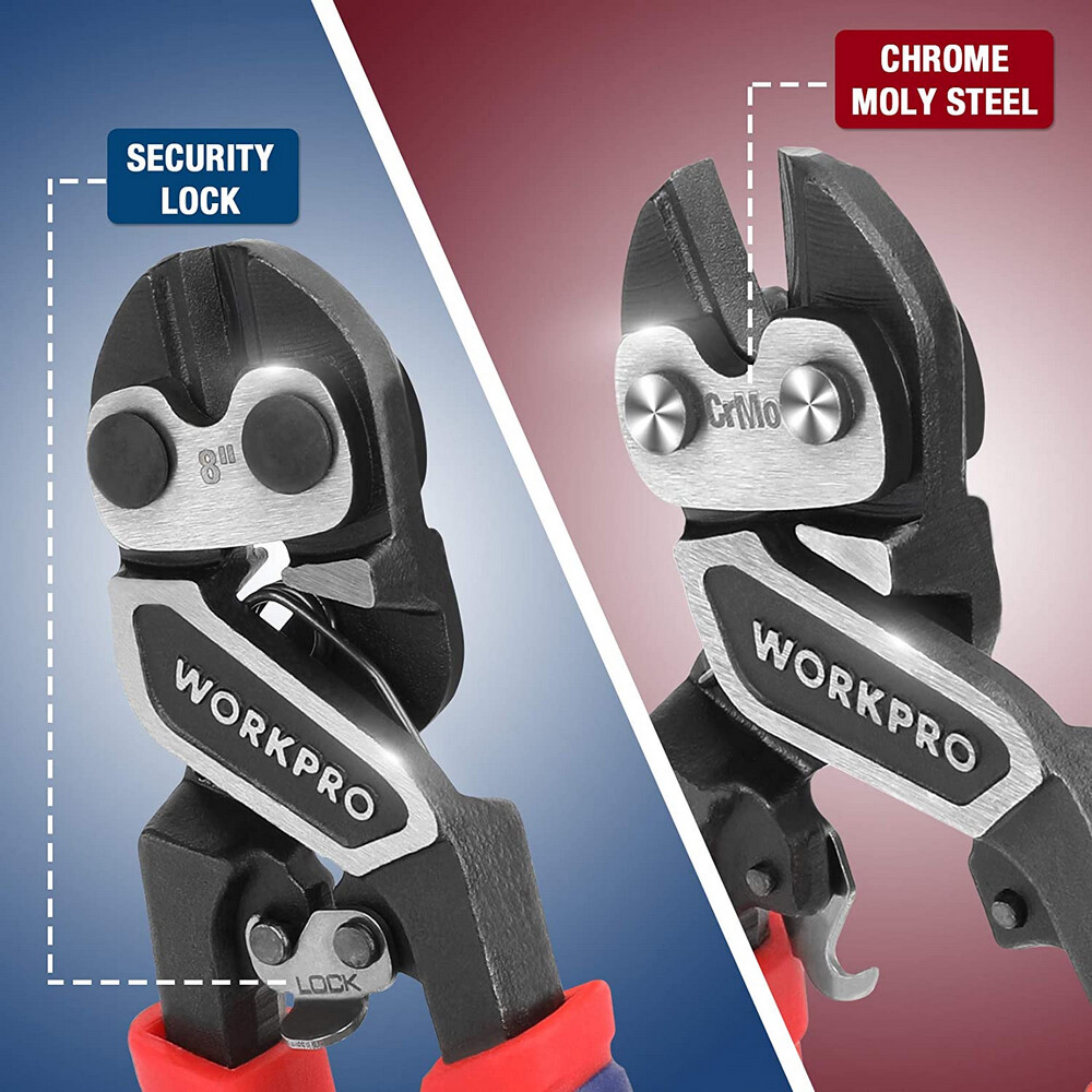 WORKPRO 8-inch Mini Bolt Cutter with Bi-Material Ergonomic Handle Security Lock