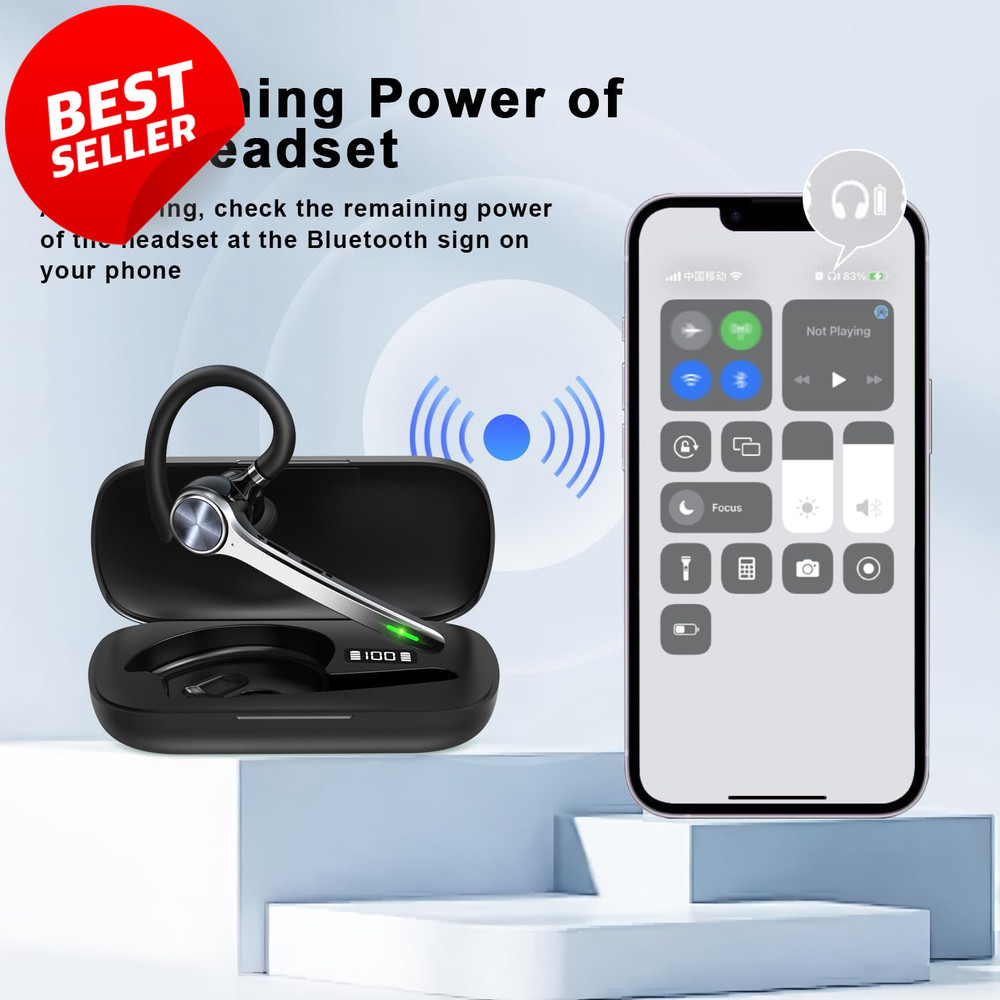 Bluetooth Headset Wireless Earpiece 72H Talk Time Charging Case Mic V5.1 - US