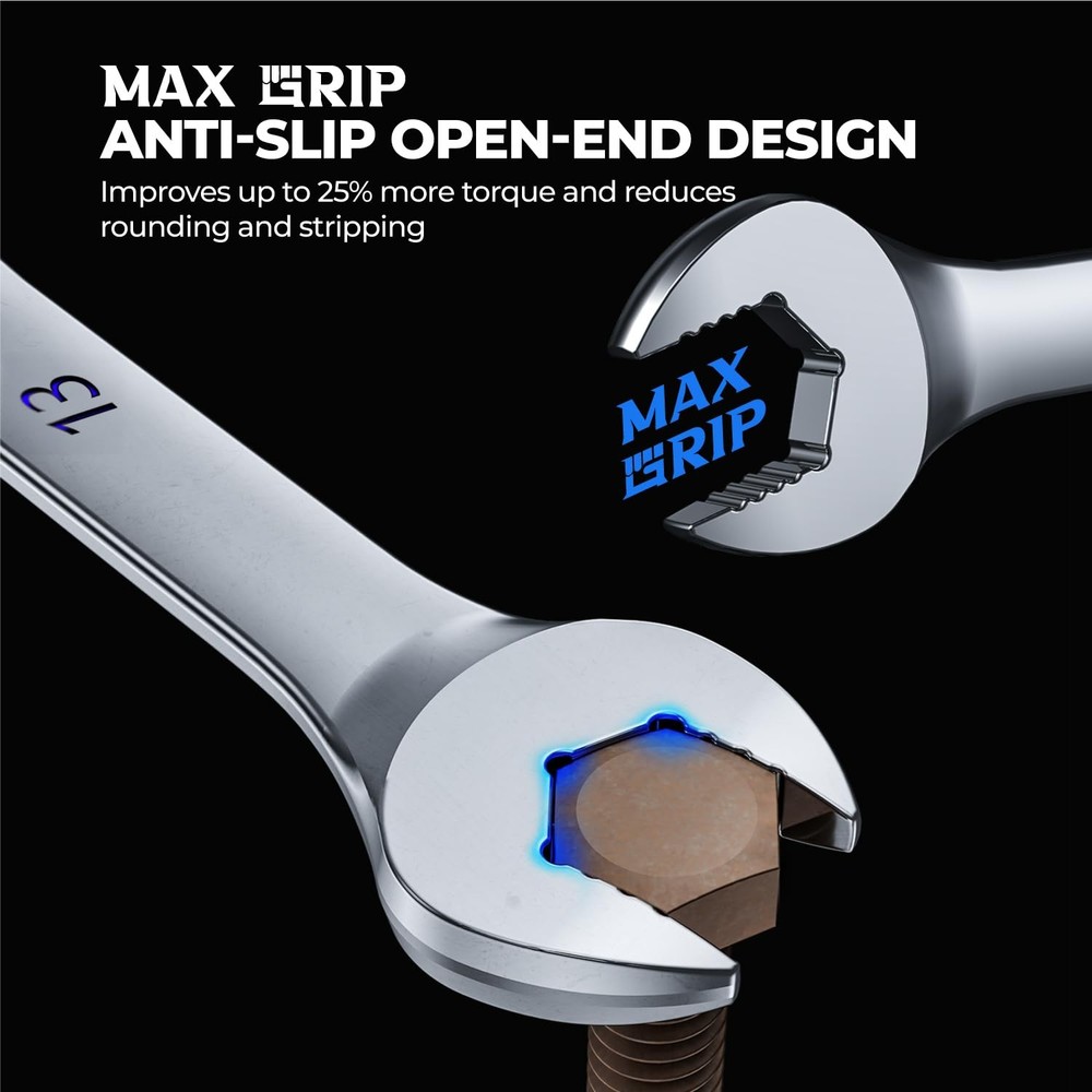 Max Grip 15pcs Professional SAE Combination Wrench Set with Long Pattern Offset