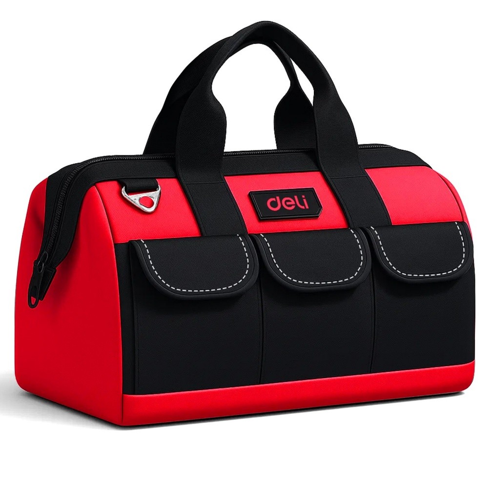 Deli 13 Inch Heavy Duty Contractor Tool Bag with Pockets Adjustable Strap, Red