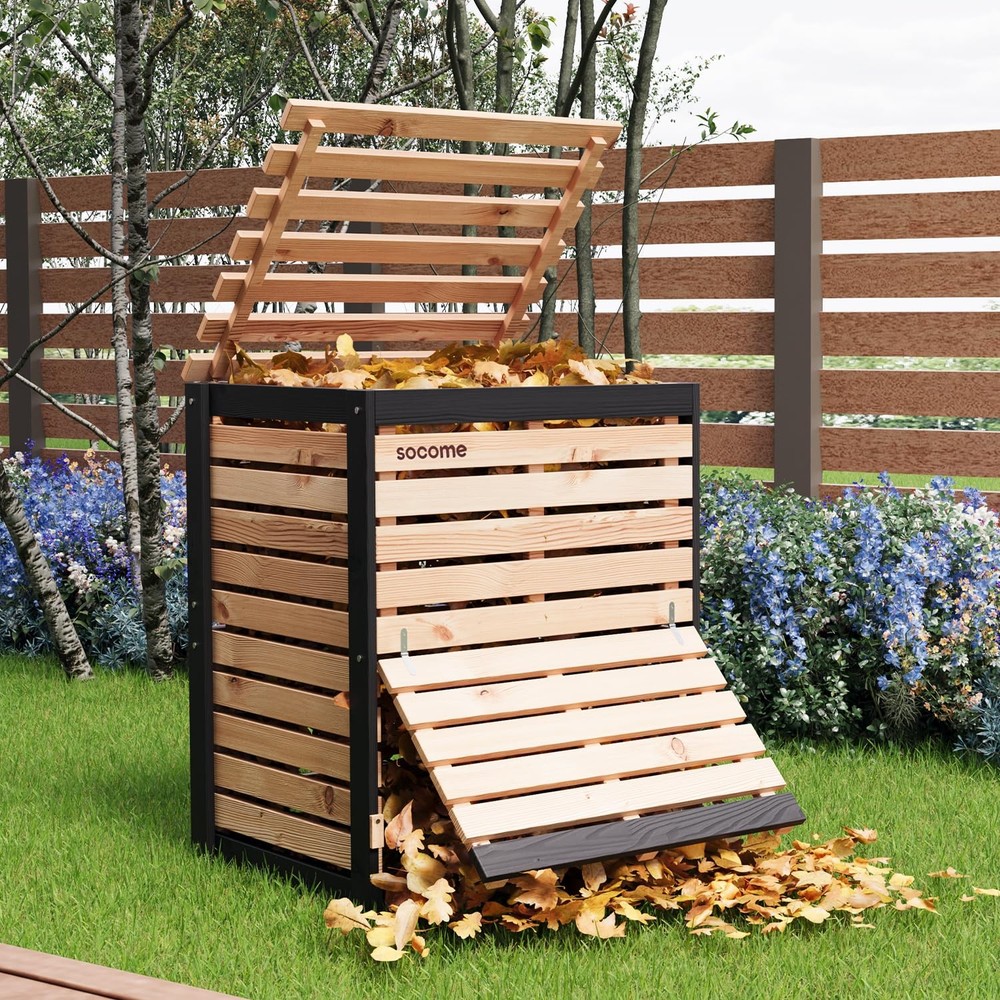 95 Gallon Solid Wood Composter, Outdoor Compost Bin with Pull-Out Door, Large...