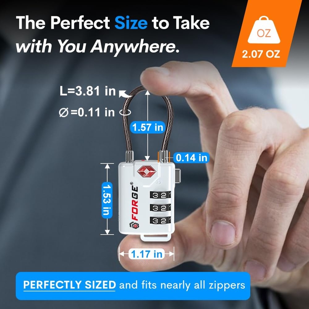 Forge TSA Approved Cable Luggage Locks, Re-settable Combination with Alloy Bo...