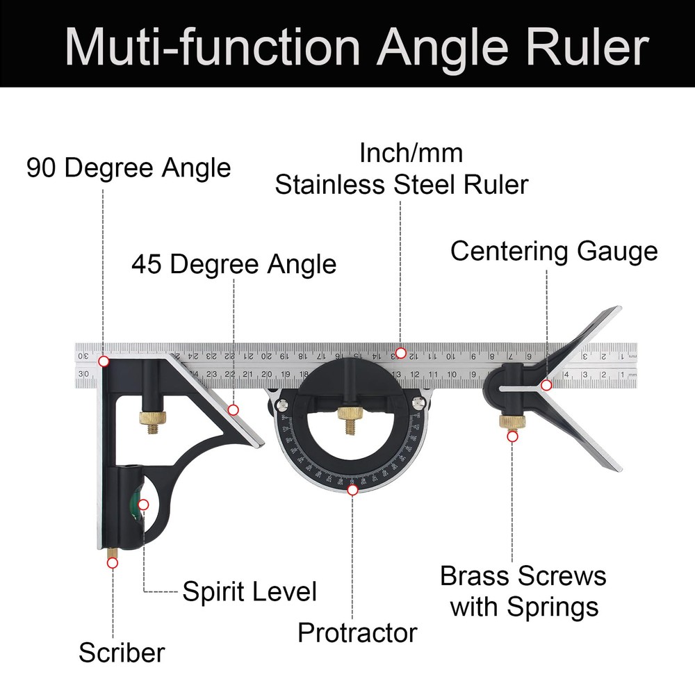 12" Adjustable Sliding Combination Square Ruler & Protractor Level Measure Me...