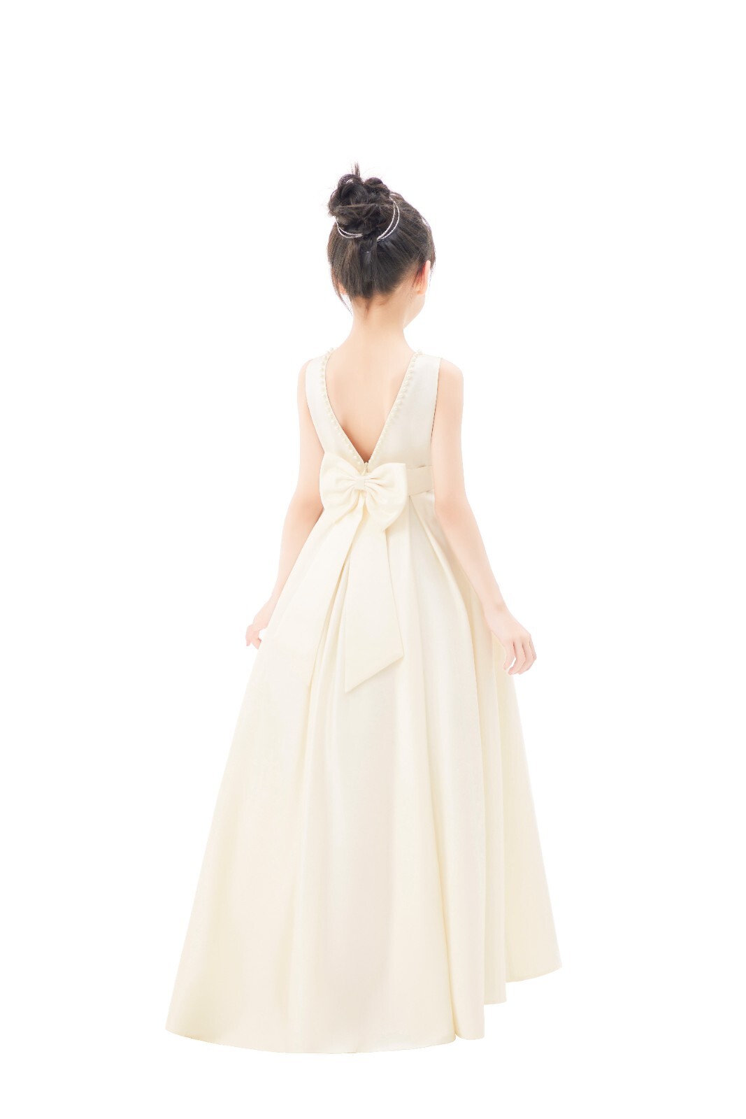 Backless A-line Satin Flower Girl Dress with Pearl Beaded Trim Party Dresses