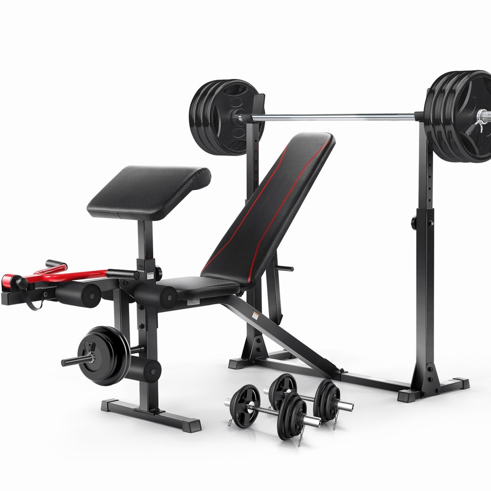 Adjustable Weight Bench Press with Squat Rack Multi-Function Dip Station Workout