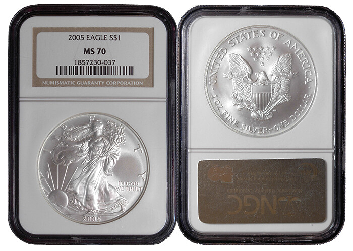 2005 $1 American Silver Eagle NGC MS70 Brown Label