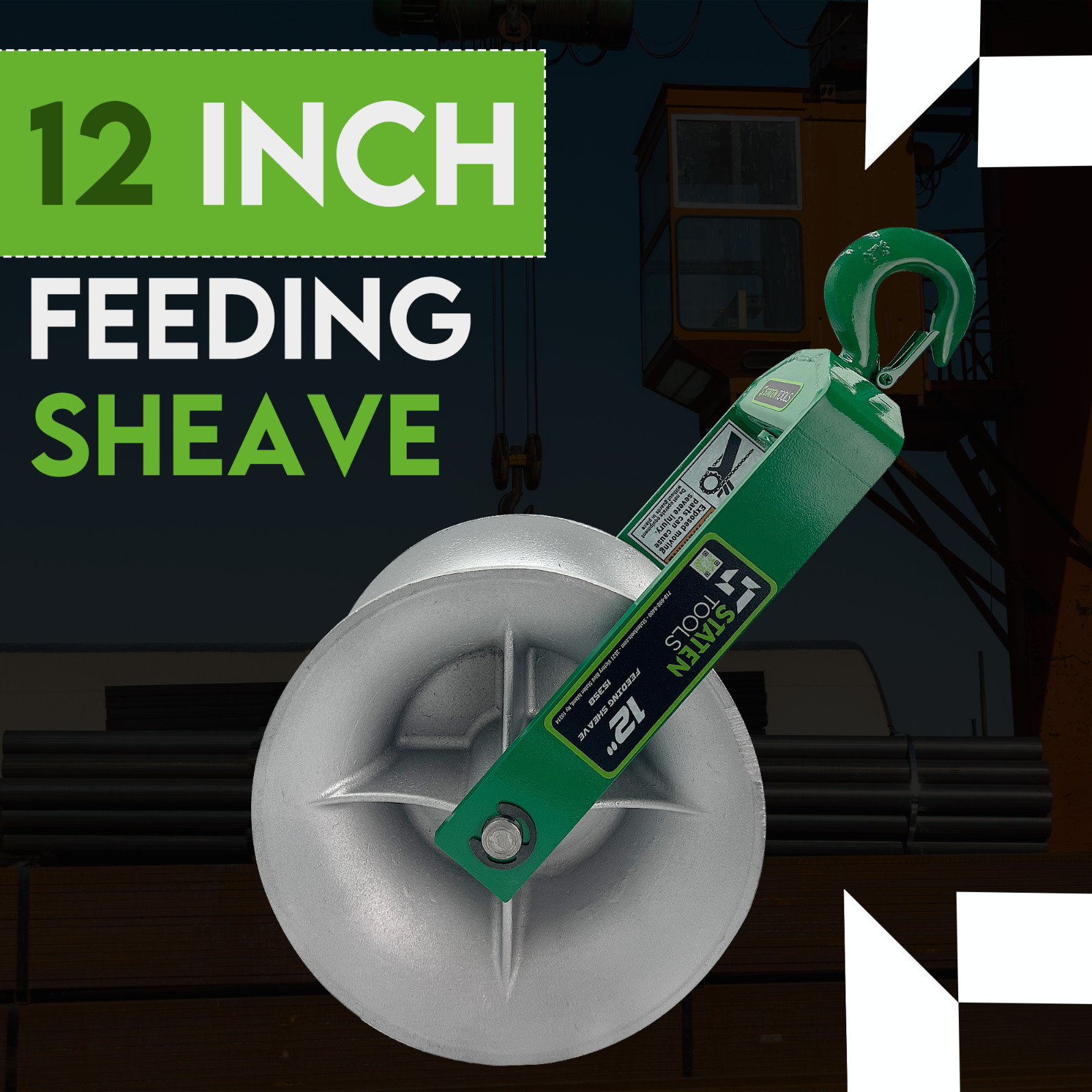 Staten Tools 651 Cable Puller Sheave, Hook, Wire, 12 In Diameter 6500lb