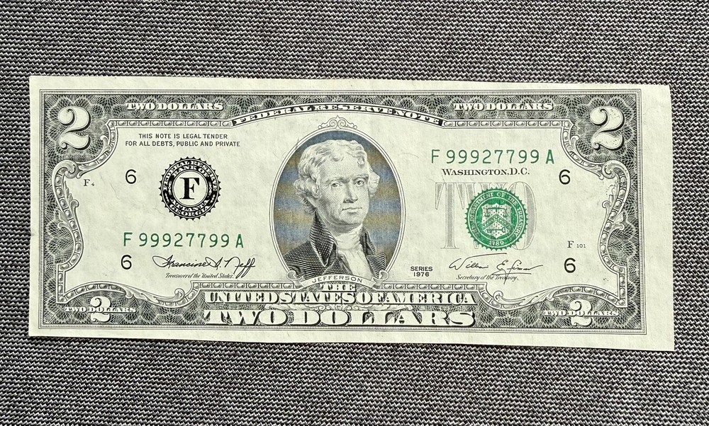 1976 $2 Bicentennial Bill - High Serial Number (99927799), Multiple Errors