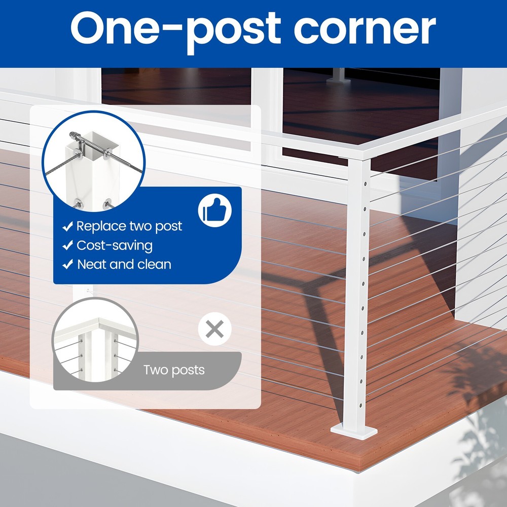 Muzata 36"x2"x2" T-Corner Cable Railing Post White Flat Top Square Post PS02