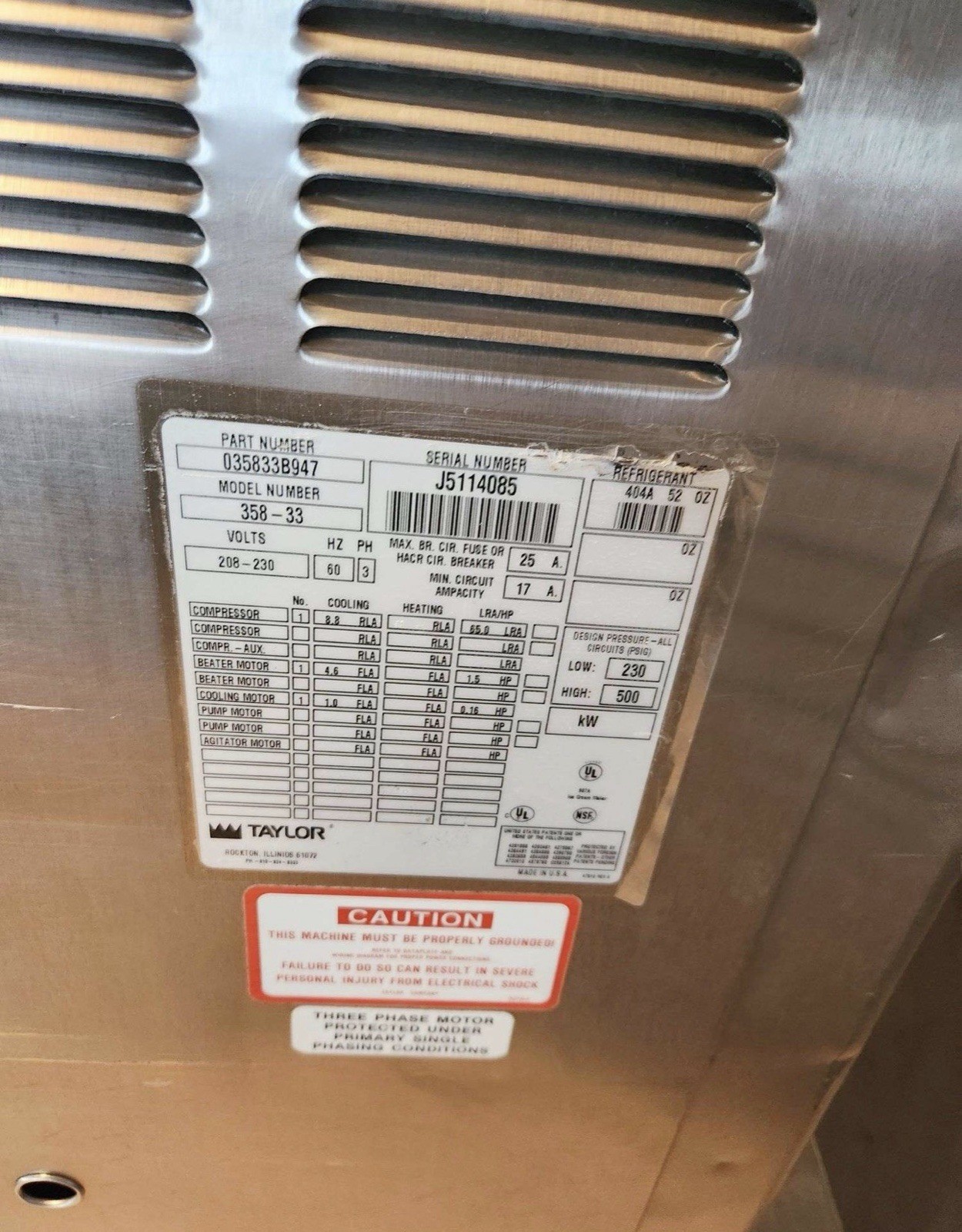 Taylor 358-33 Thick Shake Freezer, One Flavor, Air Cooled, Gravity Fed, 3 Phase