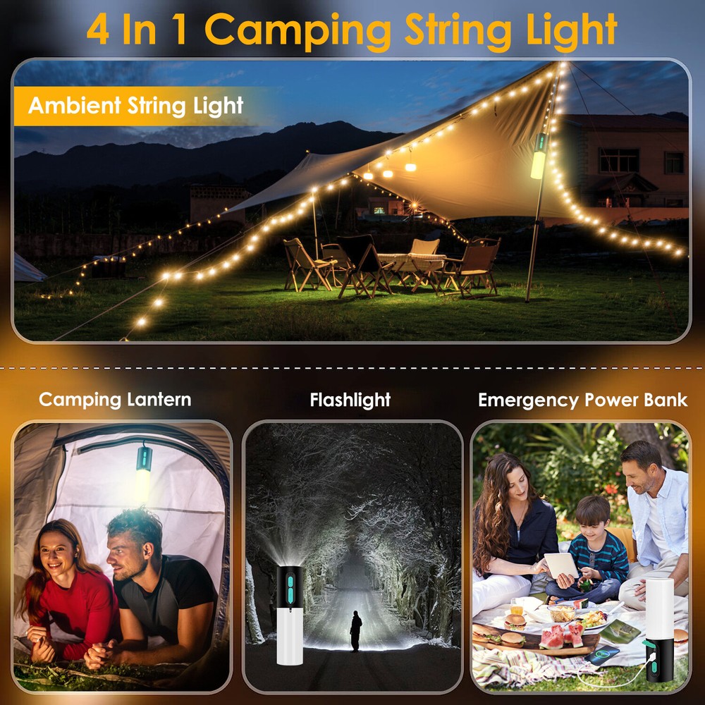 Camping String Light Waterproof with 33Ft Camping Light 8 Modes Rechargeable NEW