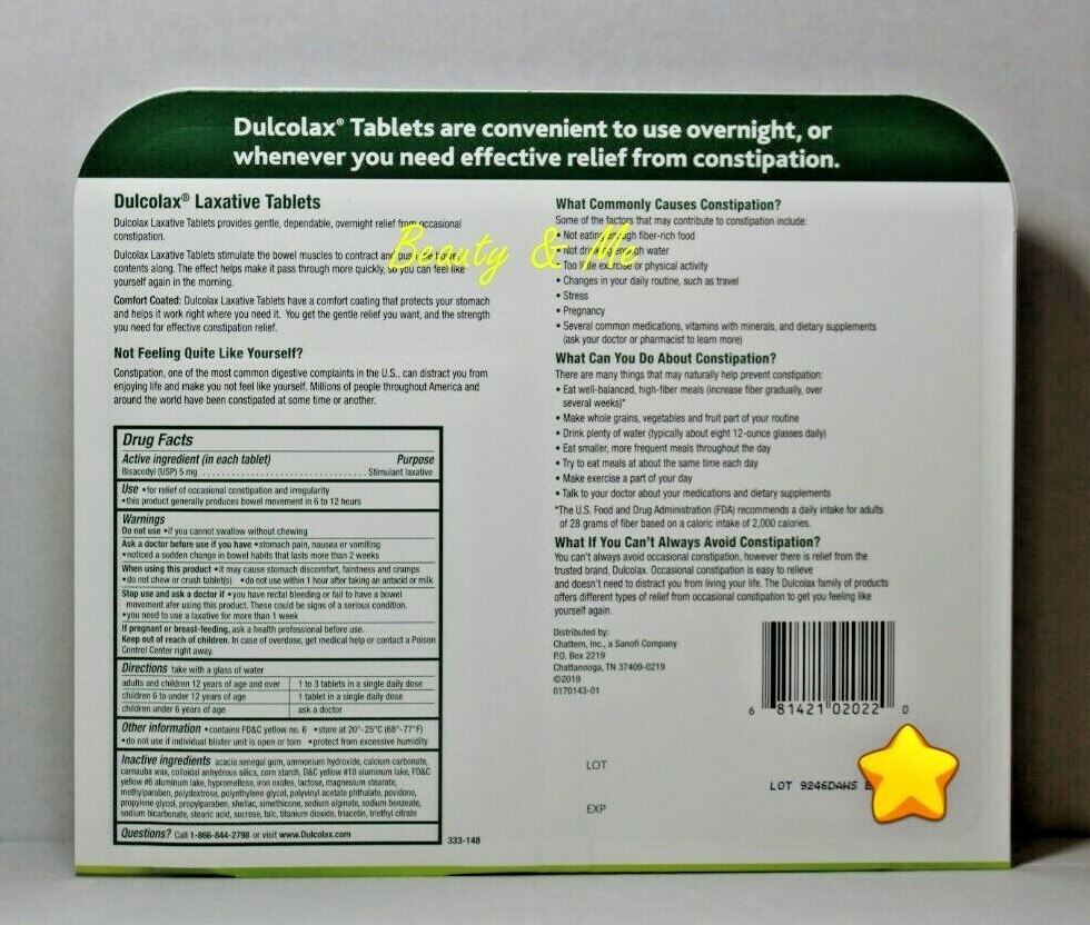 Dulcolax Laxative Tablets (Bisacodyl USP 5mg), 200 Coated Tablets