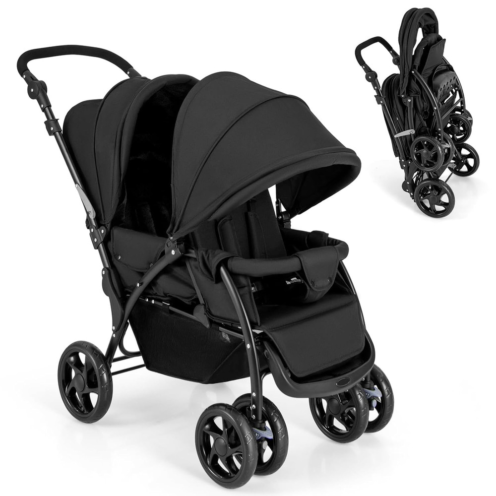 Compact Foldable Twin Stroller with Canopy & Safety Features - Black