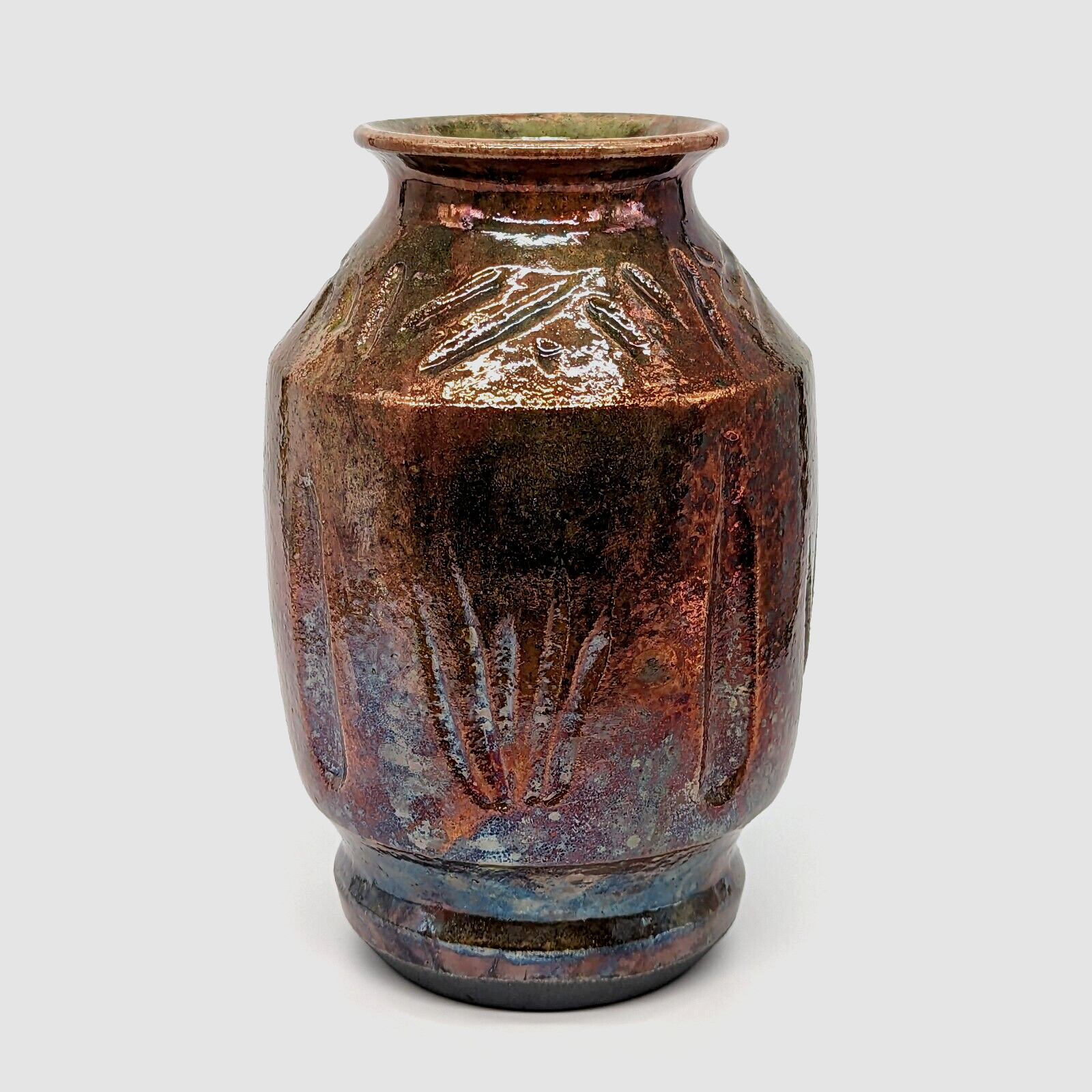 Iridescent Metallic Raku Vase Textured Nature Green Red Glaze Studio Art Pottery