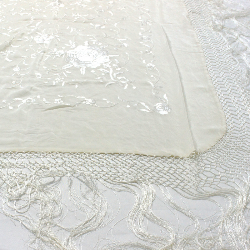 Antique Silk Shawl Wrap Piano Scarf HAND EMBROIDERED FLORAL WITH FRINGE.