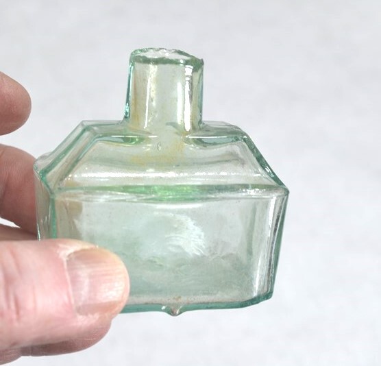 antique ink bottle lot round, cottage, desk 4 sheared tops light aqua original