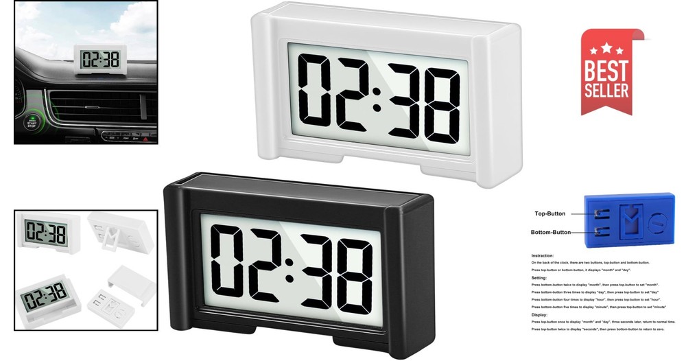 Battery Powered Digital Dashboard Clock - 2PCS Jumbo Display for Easy Viewing