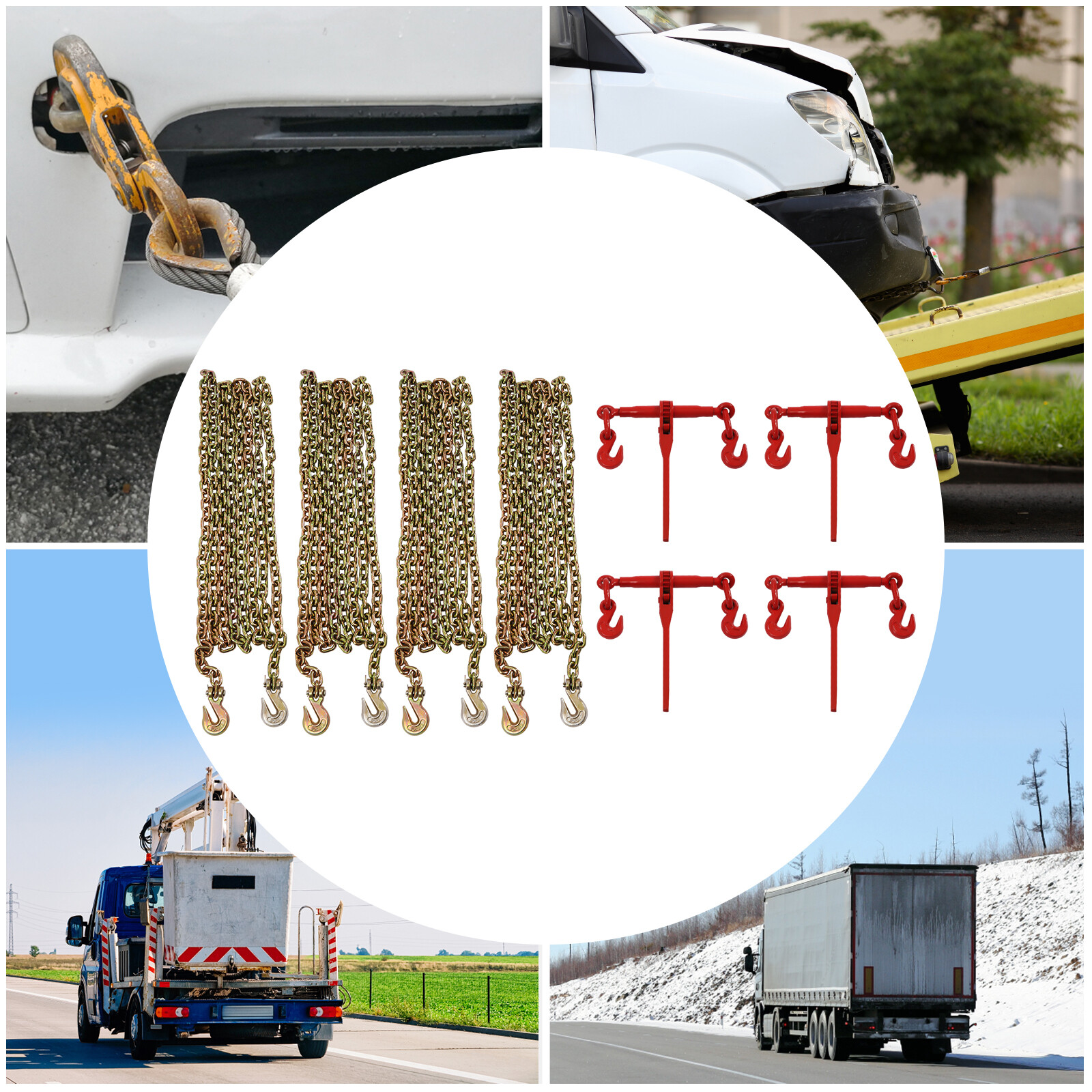 4 Pack 5/16"-3/8" Chain and Binder Kit Ratchet Load Binder w/ 4x 20ft Chains NEW