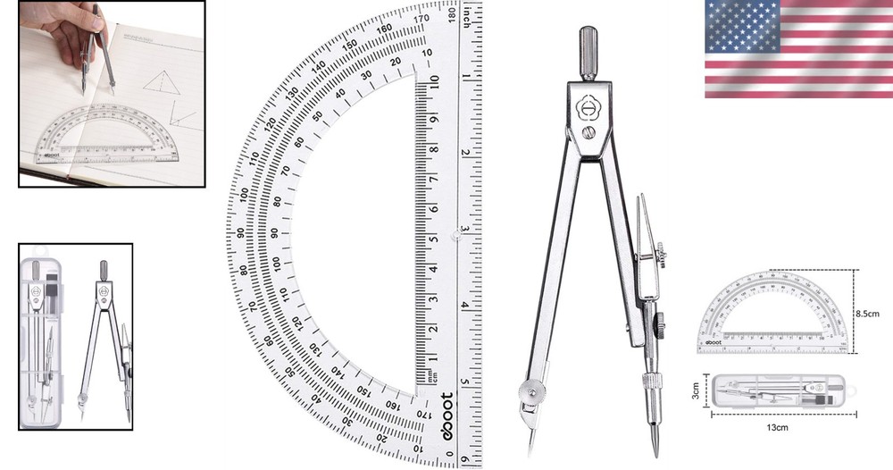 Clear Case Geometry Math Set: Durable Compass & 6-Inch Protractor for Students