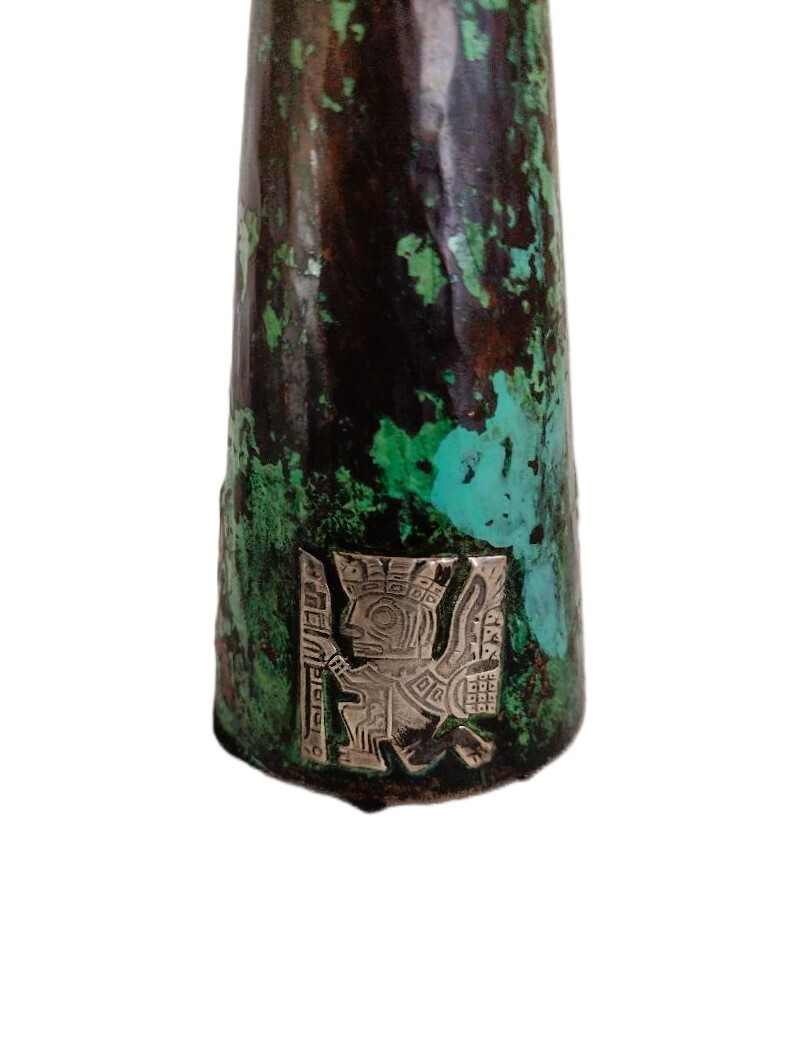 1960’s Peru Copper 7" Candle Holder Pair Inlaid Silver Incan Motif Deities Llama