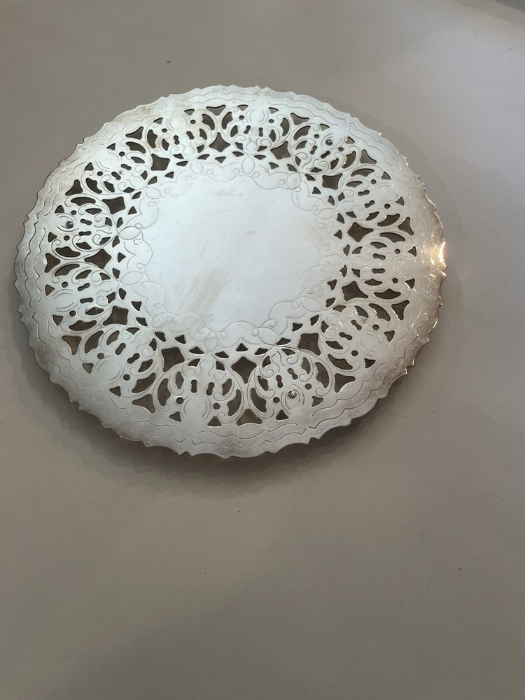Vintage Crown WA Silver Plate 7.5" Round Pierced Scroll Pattern Footed Trivet
