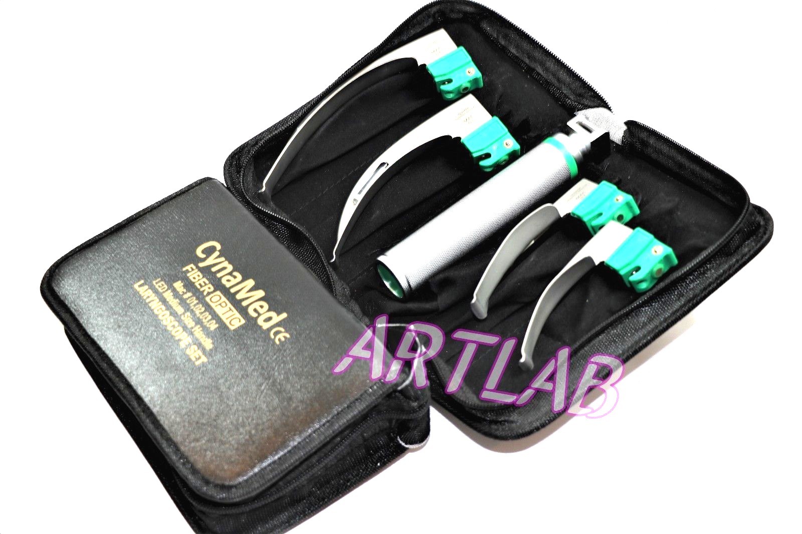 FIBER-OPTIC LARYNGOSCOPE SET OF 4 INTUBATION BLADES 1,2,3,4 + MEDIUM HANDLE