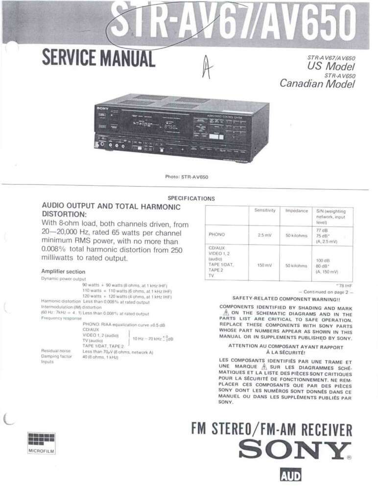 Sony STR-AV67 Amplifier / Receiver Owners Instruction Manual