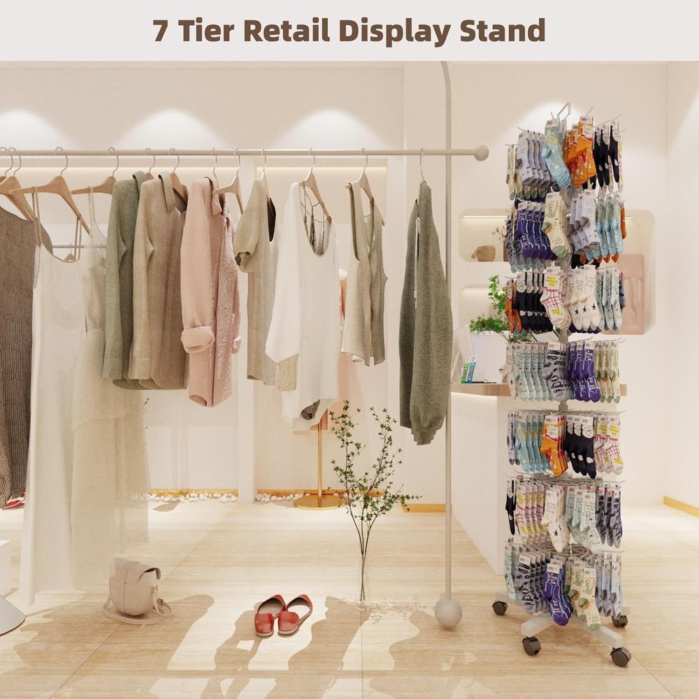 Upgraded 7 Tier Spinner Rack Movable Retail Display Stand White