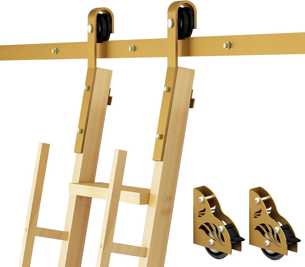 16FT Gold Library Ladder Hardware Kit with Braking Rollers for Easy Access