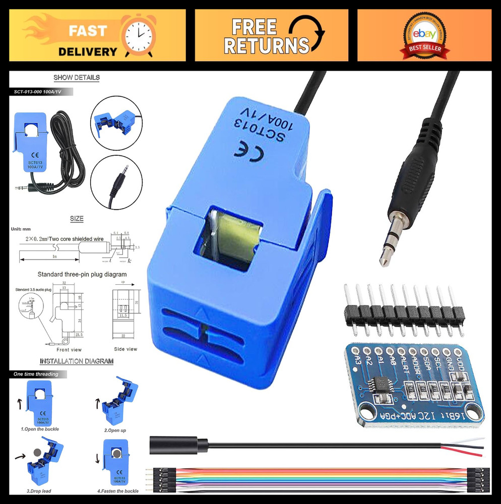 Non-invasive Split Core Current Transformer 100A/1V AC Sensor + ADS1115 Module &