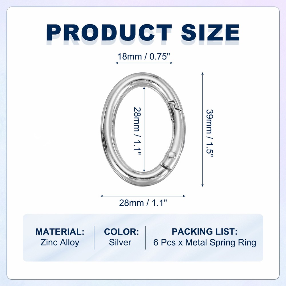 6 Pcs 38mm Oval Egg Shaped Spring Snap Keychain Clip for Purses Silver