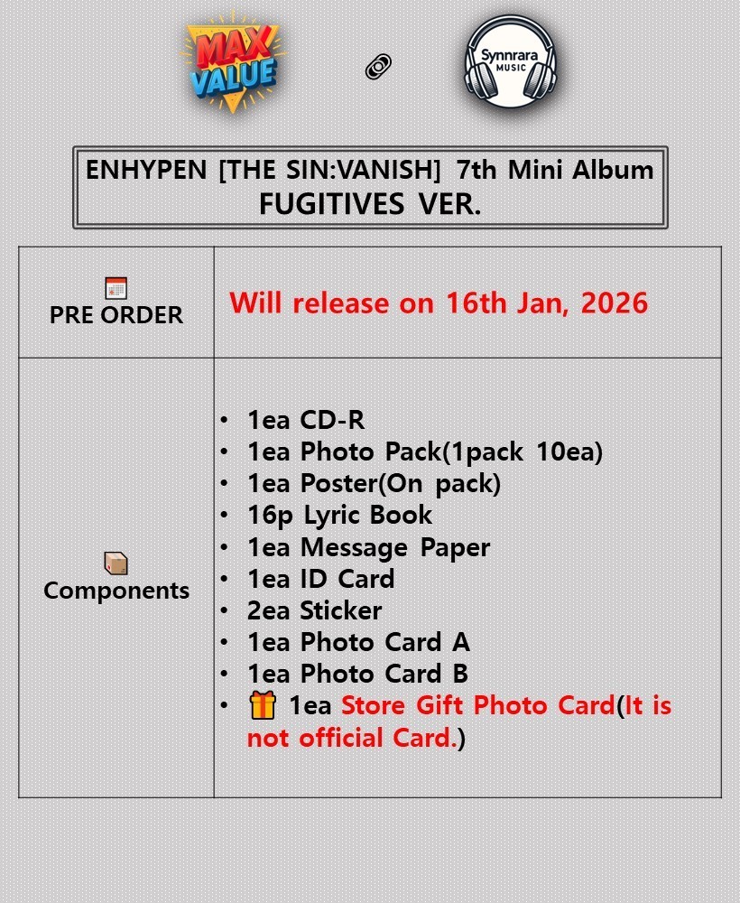 ENHYPEN THE SIN:VANISH 7th Mini Album FUGITIVES Ver/CD+10Photo+Book+Poster+3Card