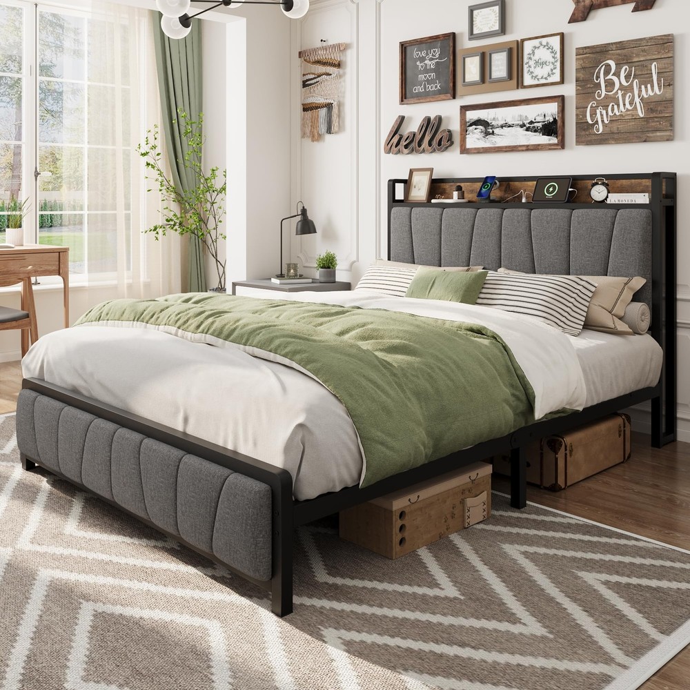 Queen Size Bed Frame Headboard Platform Bed Frame w/Drawers & Charging Station