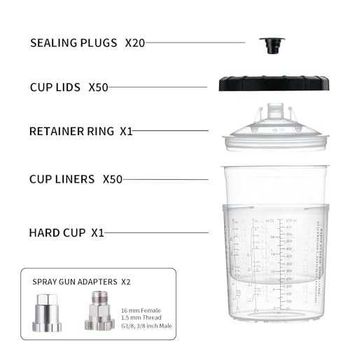 Disposable Paint Cup Liners & Lids System, 50 Pack, 22oz Spray Gun Kit, Strainer