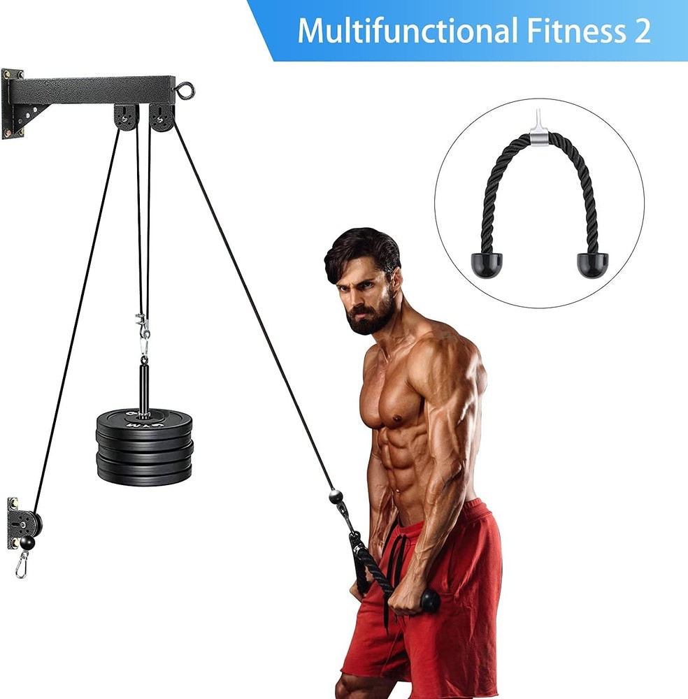 Cable Pulley System with Lat Pulldown, 3 Handles, Tricep Rope Included