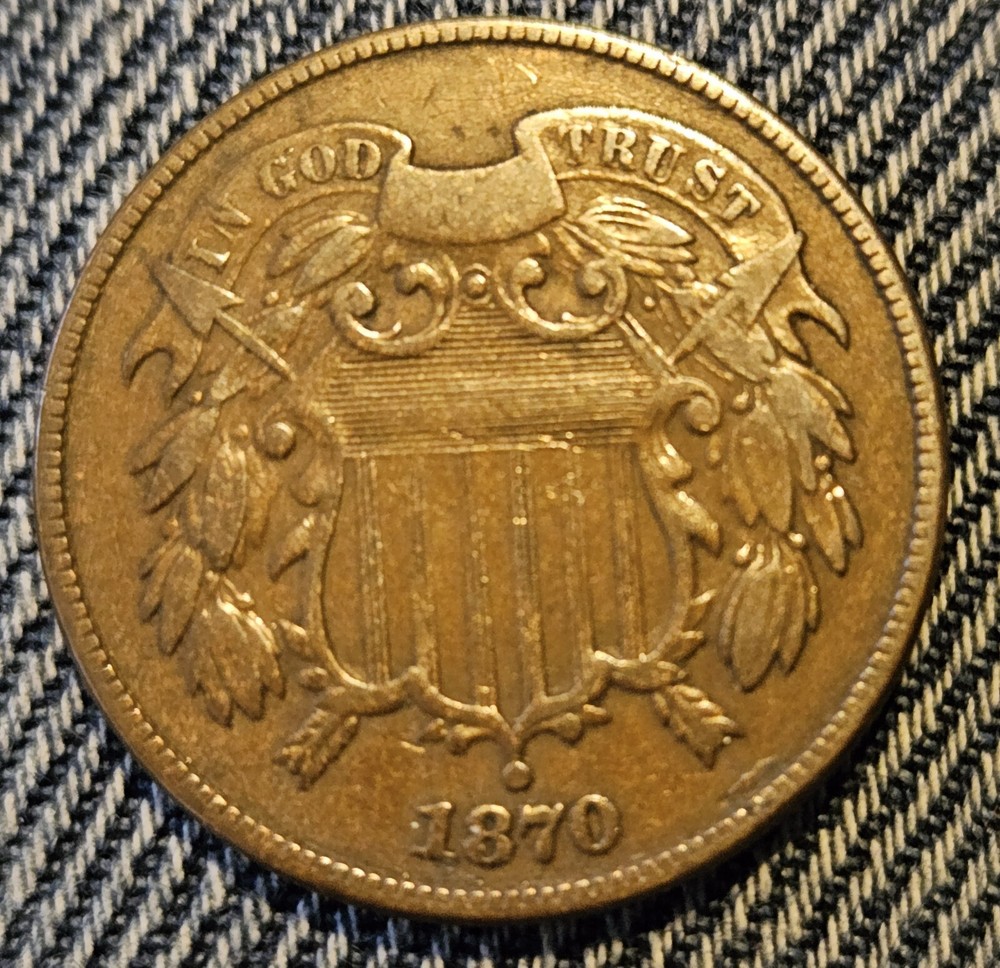 1870 2¢ Two Cent Piece VF copper problem-free original issue !