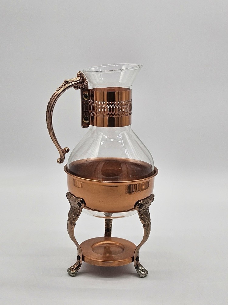 Vintage Copper Glass Coffee Carafe Warmer Set