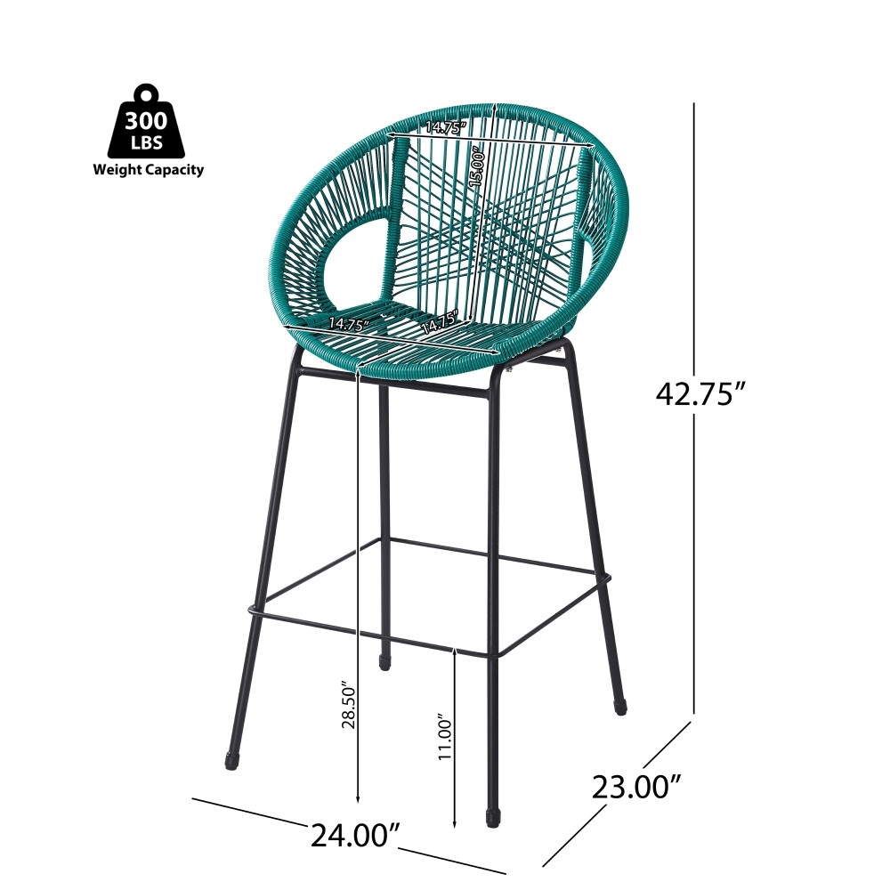 2 Teal & Black Patio Bar Stool Set, Faux Rattan Wicker, UV Resistant