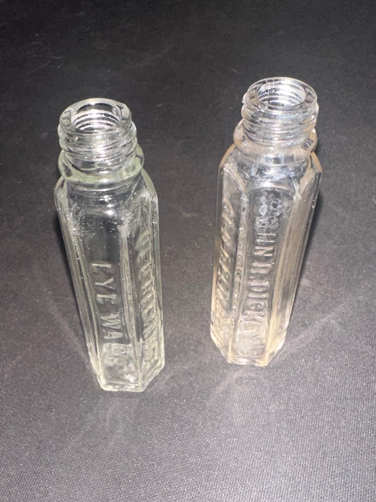 Antique John R. Dickey's Old Reliable Eye Wash Hexagon 2 Bottles Great Condition