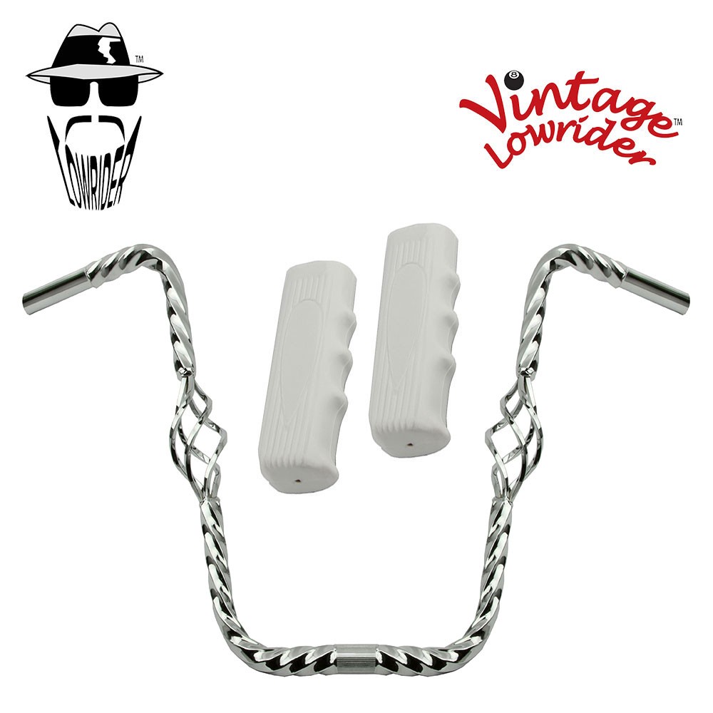 Lowrider Cage Twisted 16" 25.4 Handlebar Chrome Custom 120 Grips Solid/White