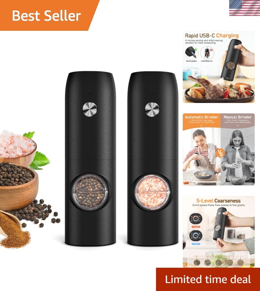 Automatic Salt and Pepper Mills with LED Light & Adjustable Coarseness - 2-Pack
