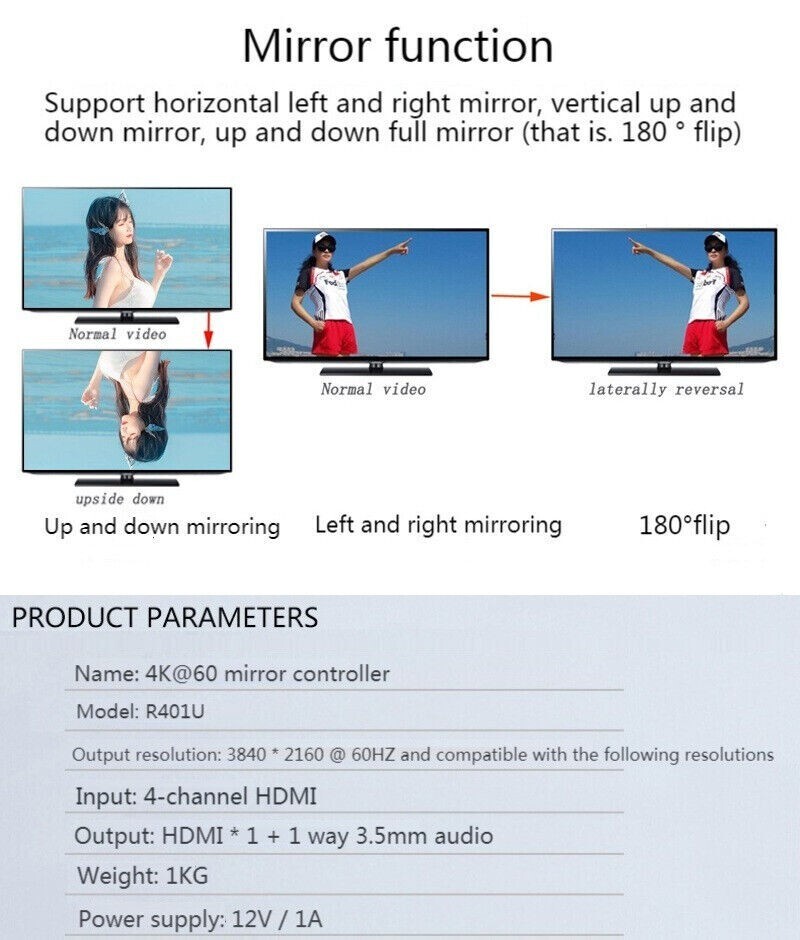 4K HDMI Controller L/R Mirror Up/Down Flip Horizontal Processor Rotate 90 Degree