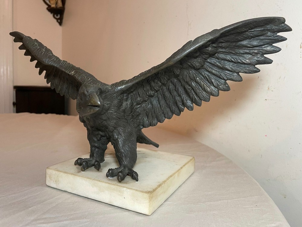 antique solid bronze marble open winged American bald eagle statue sculpture